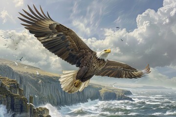 A magnificent white-tailed eagle soaring over a coastal landscape, with cliffs and ocean waves in the background.