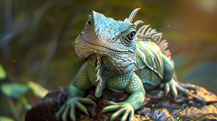 Fototapeta premium Blue Iguana Lizard Reptile Portrait Illustration
