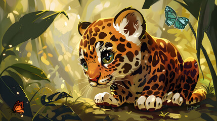 Cute Baby Jaguar Illustration in Lush Jungle Setting