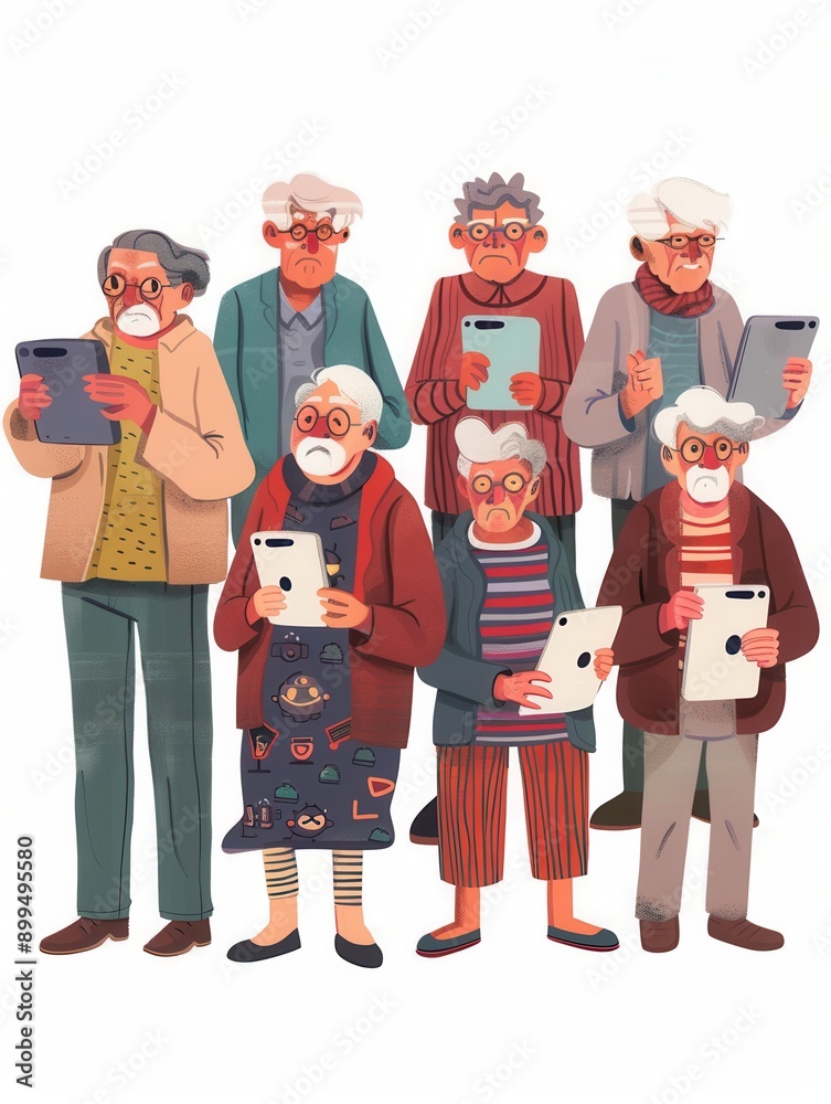 Poster a group of elderly individuals enjoys using their tablets and smartphones, showcasing technology's r