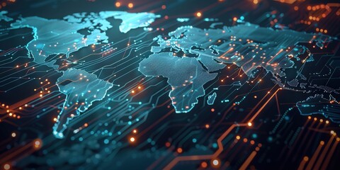 World map constructed from luminous printed circuits, symbolizing global network connectivity, data transfer and advanced technology, artificial intelligence integration