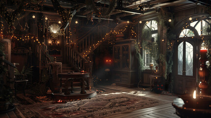 Obraz premium Halloween decorated dark room in scary horror style