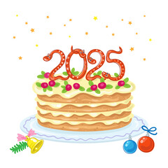 Big beautiful Christmas cake 2025. Snake is the symbol of Chinese  New Year. Isolated on white background. Vector illustration