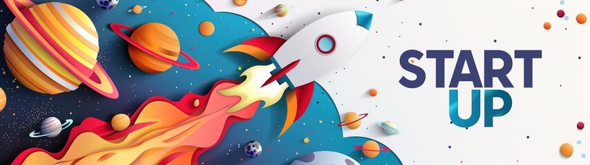 Naklejka premium A rocket travelling through the planets, start up concept, design banner template, paper illustration, and 3d paper.