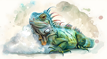 Fototapeta premium Green Iguana in Watercolor Style Illustration