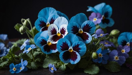 Realistic blue pansies and forget-me-nots on a dark background, ideal for desktop and mobile