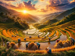 Harvest season in Mu Cang Chai rice terraces, northern Vietnam, South East Asia under the sunset. Use for wallpaper