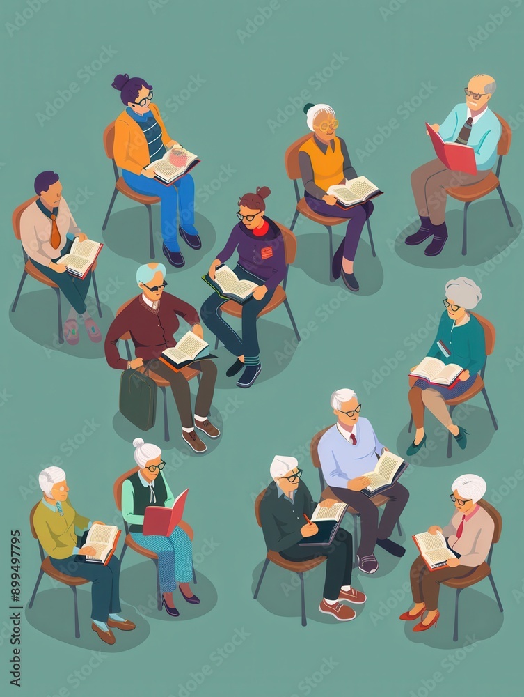 Fototapete a group of elderly individuals are studying foreign languages together, focused on their textbooks a