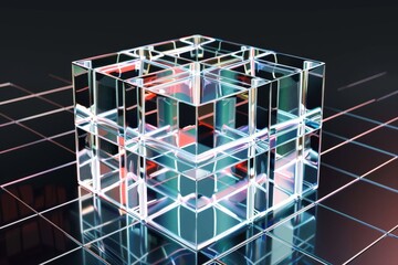3d geometric pattern with blue and purple glass cubes, in the style of photogram, dark reflections, close-up shots, elongated shapes. Beautiful simple AI generated image in 4K, unique.