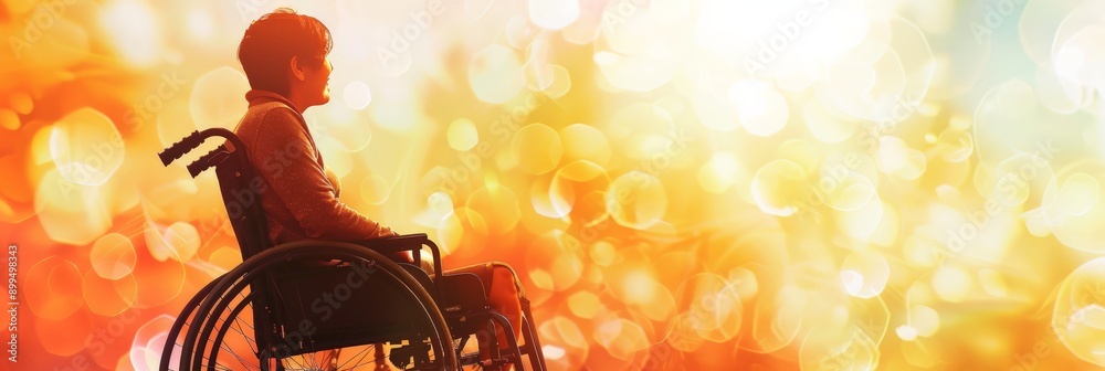 Poster person in a wheelchair in a vibrant bokeh background. celebrating inclusion and accessibility.