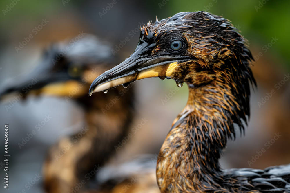 Sticker Seabirds with feathers smeared in thick, black oil, struggling to move and showing visible distress, highlighting the impact of oil spills on wildlife