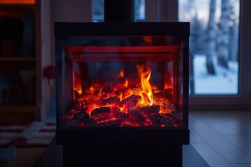  Close-up view of an electric fireplace in a dark room, emitting a warm and cozy glow from the fire, creating a comforting and inviting atmosphere with detailed focus on the flames
