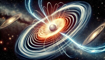 Obraz premium Illustration of a rapidly spinning pulsar emitting beams of electromagnetic radiation.