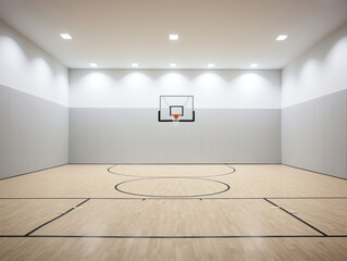 A minimalist indoor basketball court featuring modern design, sleek lighting, and pristine walls.