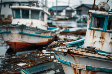 Obraz premium Boats, docks, and marine structures destroyed or overturned by the tsunami, lying in disarray with broken pieces scattered across the shore, illustrating maritime damage