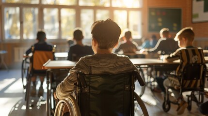 Fototapeta premium Young boy in wheelchair facing the classroom during a lesson. Inclusion and education for disabled students.