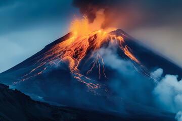 A powerful volcanic eruption with lava flows cascading down the slopes and thick columns of ash billowing into the sky, showcasing the raw energy and magnitude