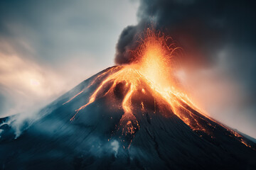 A powerful volcanic eruption with lava flows cascading down the slopes and thick columns of ash billowing into the sky, showcasing the raw energy and magnitude