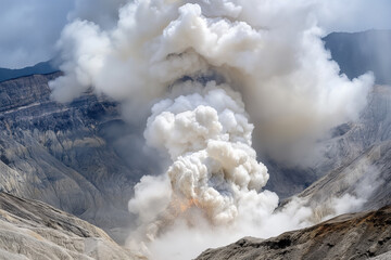 A powerful volcanic eruption with lava flows cascading down the slopes and thick columns of ash billowing into the sky, showcasing the raw energy and magnitude