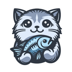 cute grey cat holding a fish cartoon illustration