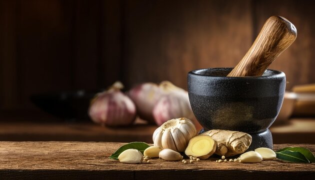 showing the process of making ginger garlic paste in a rustic kitchen setting, with a mortar and pestle in use.