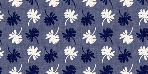 Indigo denim blue leaf motif seamless border. Japanese dye batik fabric style effect print edging swatch. 