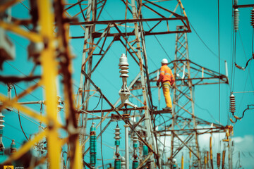 Overloaded electrical grids and workers repairing power lines or dealing with blackouts, demonstrating the strain on public services during intense heatwaves