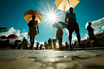A view of a bustling city under extreme heat, with shimmering air over asphalt, people seeking shade under umbrellas, and the bright sun high in the sky
