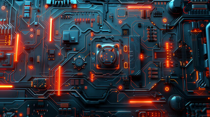 Fototapeta premium A futuristic image of a glowing, metallic sphere with a glowing center. The sphere is surrounded by a network of glowing wires and circuits. Scene is one of wonder and awe
