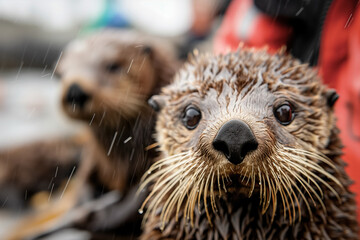 Oil-covered marine mammals: Sea otters or seals with fur covered in oil, being rescued and treated by wildlife veterinarians, depicting the efforts to save affected animals