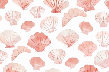 A seamless pattern with colorful seashells, their intricate designs rendered in soft pastel hues against an off-white background. Beautiful simple AI generated image in 4K, unique.