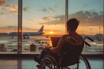 Person in wheelchair waiting at airport during sunset. Beautiful and inspirational moment captured in perfect lighting. Ideal for travel, accessibility and lifestyle content. Generative AI
