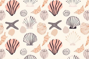Fototapeta premium Hand drawn vector illustrations - seamless pattern of seashells. Marine background.. Beautiful simple AI generated image in 4K, unique.