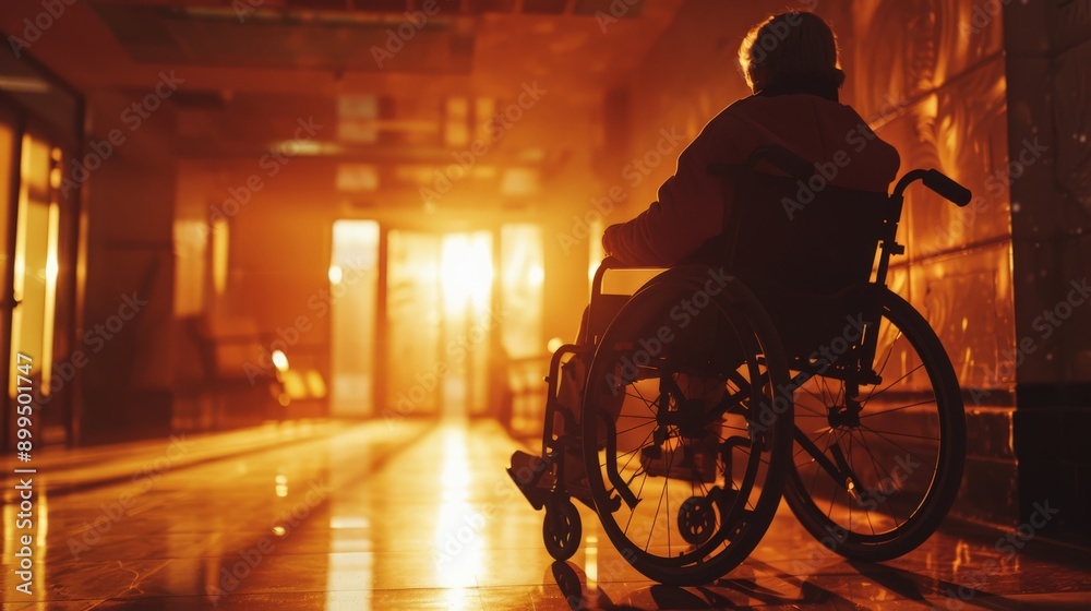 Poster Person in a wheelchair in a hallway with sunlight streaming in. Highlighting the importance of accessibility in public spaces.