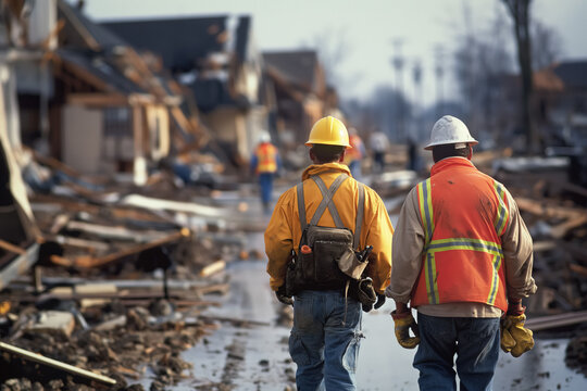 Residents and workers rebuilding homes and infrastructure that were destroyed by a tornado, highlighting the community's resilience and efforts to restore normalcy