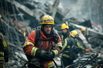 Fototapeta premium Rescue teams using specialized equipment to search for survivors trapped under rubble, highlighting their intense and focused efforts to save lives