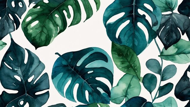 Refined botanical art Abstract watercolor background with green and aqua leaf motifs - high contrast