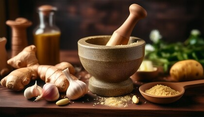 showing the process of making ginger garlic paste in a rustic kitchen setting, with a mortar and pestle in use.