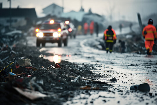 Search and rescue teams working through the night, using flashlights and search dogs to look for survivors trapped in the debris left by a powerful tornado