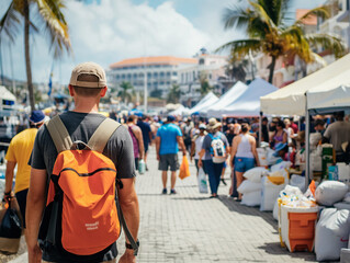 Obraz premium Volunteers organizing and distributing food, water, and emergency supplies to hurricane survivors, showcasing the humanitarian efforts and community spirit