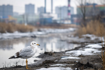 Obraz premium Wildlife affected by chemical pollution: Animals and birds in a polluted environment, showing visible signs of distress or injury due to chemical exposure, with a visibly contaminated habitat