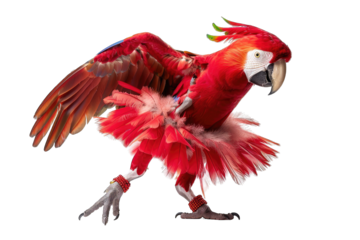 Vibrant red parrot dressed in a colorful tutu, spreading wings in a playful pose. Exotic bird fashion photo on white background.