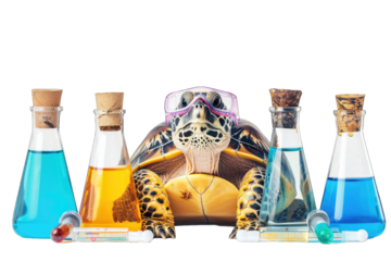 A turtle wearing goggles surrounded by colorful chemical flasks and test tubes on a white background, symbolizing science and experimentation.