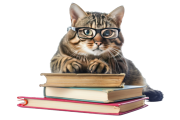 Cute tabby cat wearing glasses and sitting on a pile of books, looking intelligent and curious. Perfect for educational and pet-themed projects.