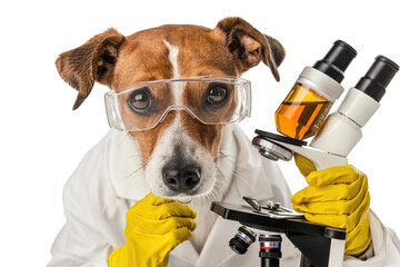 Humorous image of a dog wearing a lab coat, goggles, and gloves, using a microscope, portraying a scientist or researcher.