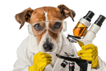 Humorous image of a dog wearing a lab coat, goggles, and gloves, using a microscope, portraying a scientist or researcher.