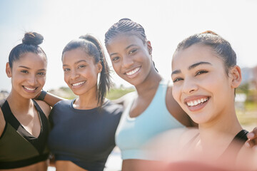 Girl, friends and portrait selfie outdoor with smile for training memory, profile picture post and exercise break. Fitness group, women and happy with photography in nature for workout blog update