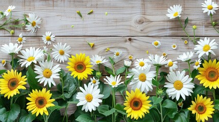 Fototapeta premium Blank A4 page with a border of blooming sunflowers and daisies
