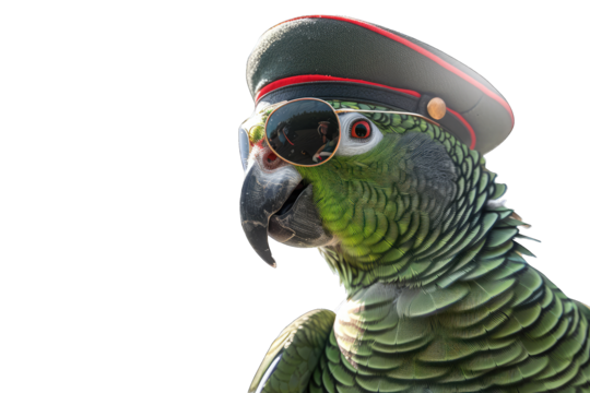 Parrot wearing military hat and sunglasses, presenting a humorous depiction of an authoritative bird with reflective aviator glasses.