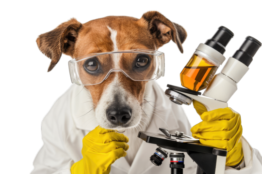 Humorous image of a dog wearing a lab coat, goggles, and gloves, using a microscope, portraying a scientist or researcher.